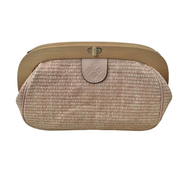 PATRICIA NASH BLUSH PINK GRACCHI WOODEN RAFFIA FRAME CLUTCH - Picture 1 of 5